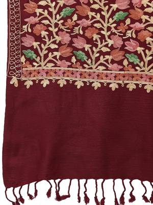 Lush Maroon & Multi Floral Embroidered Wool Shawl 5