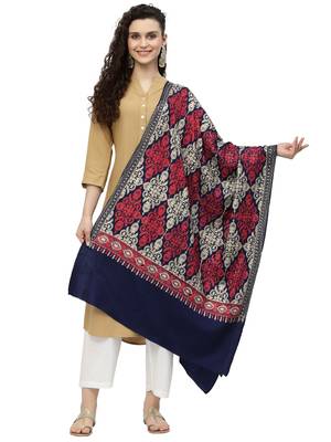 Crewel Navy Blue, Gold & Red Ethnic Motif Embroidered Wool Shawl 1