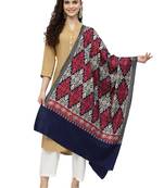 Crewel Navy Blue, Gold & Red Ethnic Motif Embroidered Wool Shawl