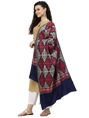 Crewel Navy Blue, Gold & Red Ethnic Motif Embroidered Wool Shawl 2