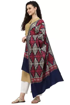 Crewel Navy Blue, Gold & Red Ethnic Motif Embroidered Wool Shawl