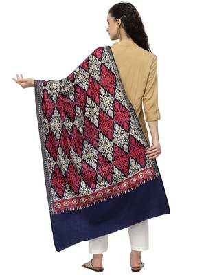 Crewel Navy Blue, Gold & Red Ethnic Motif Embroidered Wool Shawl 3