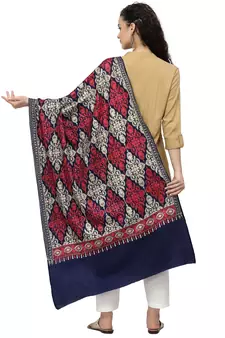 Crewel Navy Blue, Gold & Red Ethnic Motif Embroidered Wool Shawl
