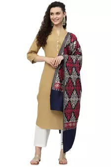 Crewel Navy Blue, Gold & Red Ethnic Motif Embroidered Wool Shawl