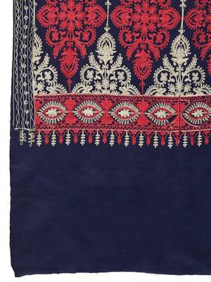 Crewel Navy Blue, Gold & Red Ethnic Motif Embroidered Wool Shawl 5