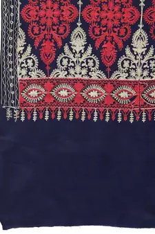 Crewel Navy Blue, Gold & Red Ethnic Motif Embroidered Wool Shawl