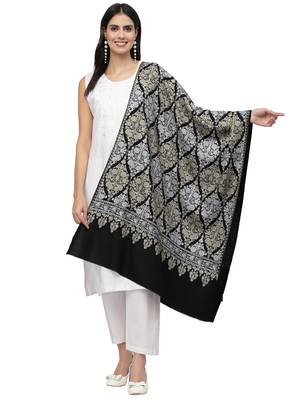 Crewel Black, Gold & Silver Ethnic Motif Embroidered Wool Shawl 1