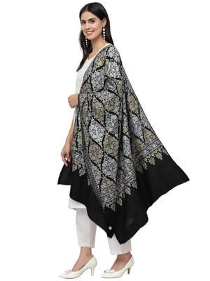 Crewel Black, Gold & Silver Ethnic Motif Embroidered Wool Shawl 2