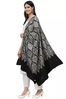 Crewel Black, Gold & Silver Ethnic Motif Embroidered Wool Shawl