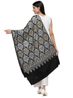 Crewel Black, Gold & Silver Ethnic Motif Embroidered Wool Shawl 3