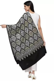 Crewel Black, Gold & Silver Ethnic Motif Embroidered Wool Shawl