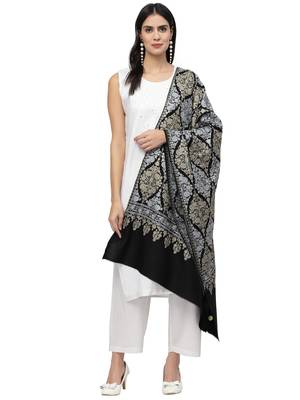 Crewel Black, Gold & Silver Ethnic Motif Embroidered Wool Shawl 4