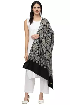 Crewel Black, Gold & Silver Ethnic Motif Embroidered Wool Shawl