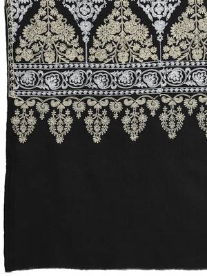 Crewel Black, Gold & Silver Ethnic Motif Embroidered Wool Shawl 5