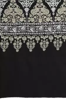 Crewel Black, Gold & Silver Ethnic Motif Embroidered Wool Shawl