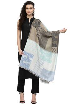 Spatial Natural & Blue Woven Design Cotton Jacquard Stole