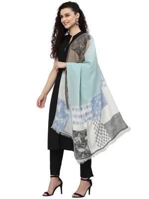Spatial Natural & Blue Woven Design Cotton Jacquard Stole 2