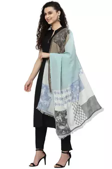 Spatial Natural & Blue Woven Design Cotton Jacquard Stole