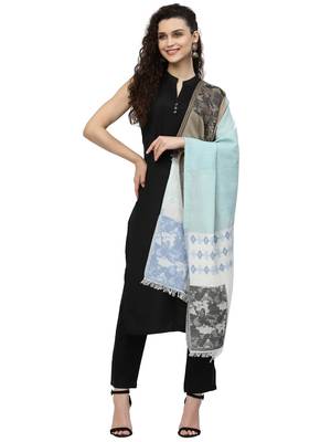 Spatial Natural & Blue Woven Design Cotton Jacquard Stole 4