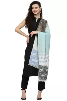 Spatial Natural & Blue Woven Design Cotton Jacquard Stole