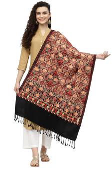 Lush Black & Multi Floral Embroidered Acrowool Shawl