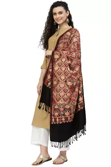 Lush Black & Multi Floral Embroidered Acrowool Shawl