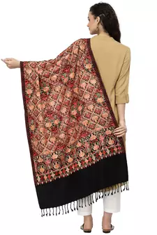 Lush Black & Multi Floral Embroidered Acrowool Shawl