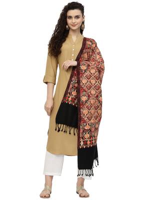 Lush Black & Multi Floral Embroidered Acrowool Shawl 4