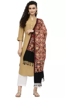 Lush Black & Multi Floral Embroidered Acrowool Shawl