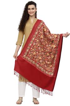 Lush Red & Multi Floral Embroidered Acrowool Shawl