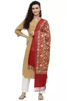 Lush Red & Multi Floral Embroidered Acrowool Shawl