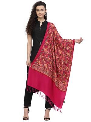 Lush Fuschia Pink & Multi Floral Embroidered Acrowool Shawl 1