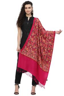 Lush Fuschia Pink & Multi Floral Embroidered Acrowool Shawl