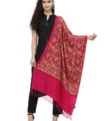 Lush Fuschia Pink & Multi Floral Embroidered Acrowool Shawl