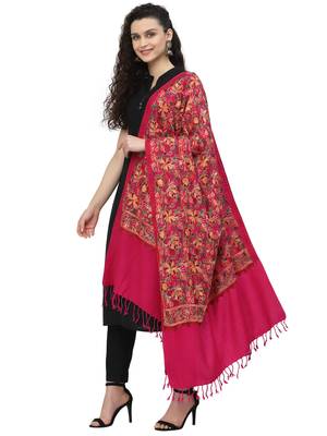 Lush Fuschia Pink & Multi Floral Embroidered Acrowool Shawl 2