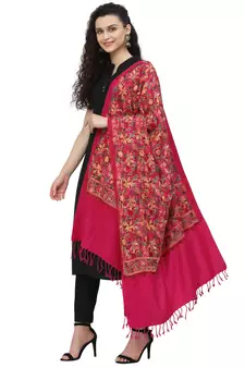 Lush Fuschia Pink & Multi Floral Embroidered Acrowool Shawl