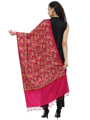 Lush Fuschia Pink & Multi Floral Embroidered Acrowool Shawl 3