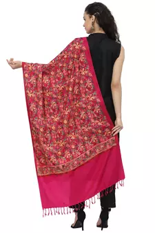 Lush Fuschia Pink & Multi Floral Embroidered Acrowool Shawl