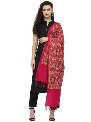 Lush Fuschia Pink & Multi Floral Embroidered Acrowool Shawl 4