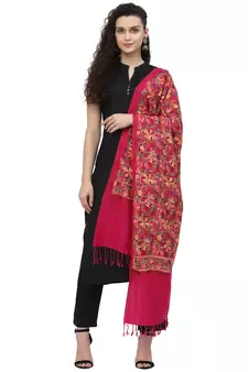 Lush Fuschia Pink & Multi Floral Embroidered Acrowool Shawl