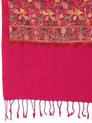 Lush Fuschia Pink & Multi Floral Embroidered Acrowool Shawl 5