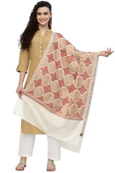 Crewel Ivory & Multi Geometric Embroidered Wool Shawl