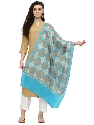 Crewel Dark Turquoise Geometric Embroidered Wool Shawl 1