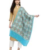 Crewel Dark Turquoise Geometric Embroidered Wool Shawl