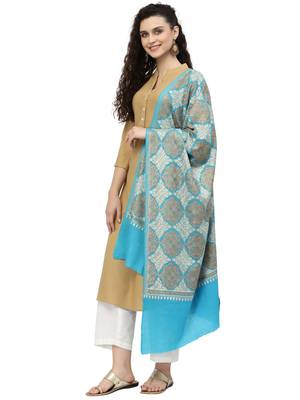 Crewel Dark Turquoise Geometric Embroidered Wool Shawl 2