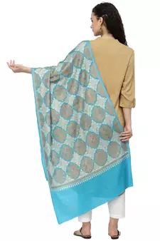 Crewel Dark Turquoise Geometric Embroidered Wool Shawl