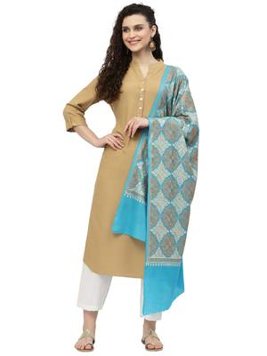 Crewel Dark Turquoise Geometric Embroidered Wool Shawl 4
