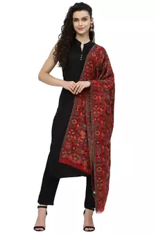 Lush Red & Multi Woven Design Wool Shawl