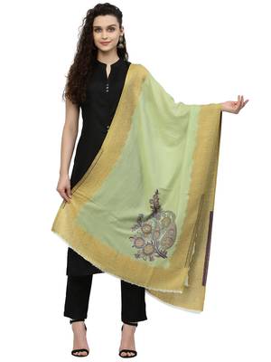 Lush Pastel Green & Multi Woven Design Wool Shawl 1