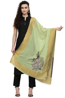 Lush Pastel Green & Multi Woven Design Wool Shawl